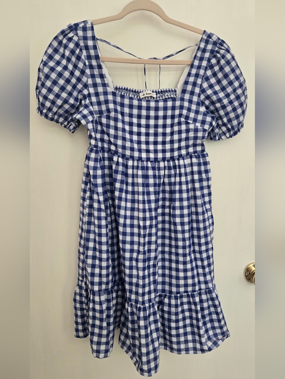 In Bloom Navy and White Gingham Puff-Sleeve Dress